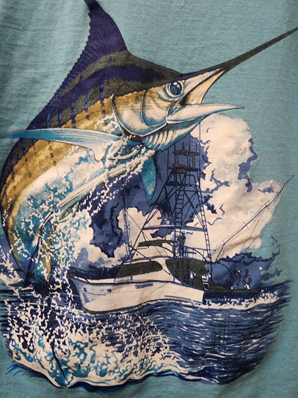 Guy Harvey Marlin Fishing Graphic T Shirt Blue Pocket Tee Size S Mens And Women